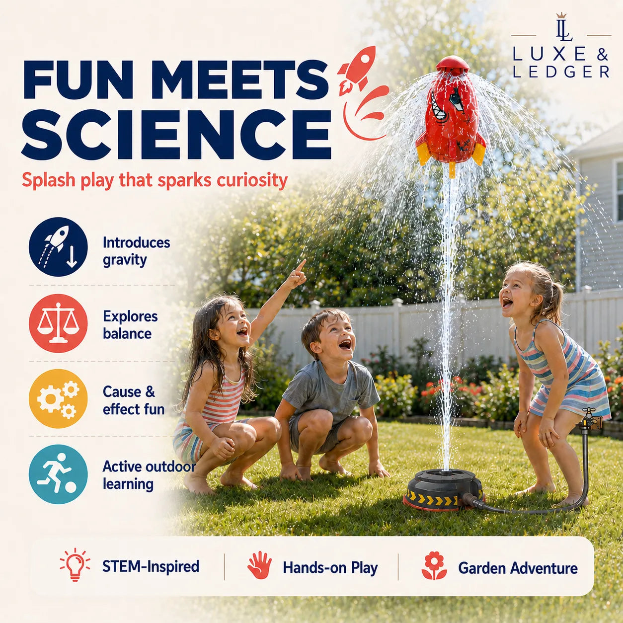 Children playing with a toy sprinkler in a garden, featuring Luxe & Ledger branding.