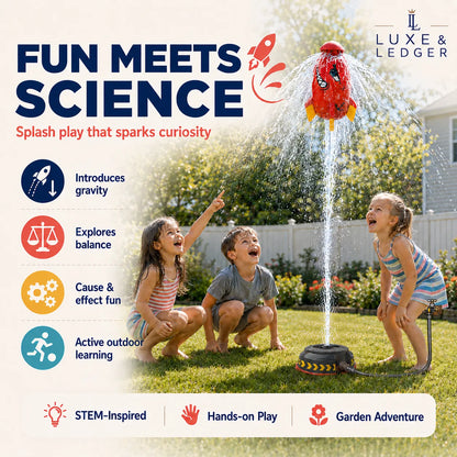 Children playing with a toy sprinkler in a garden, featuring Luxe & Ledger branding.