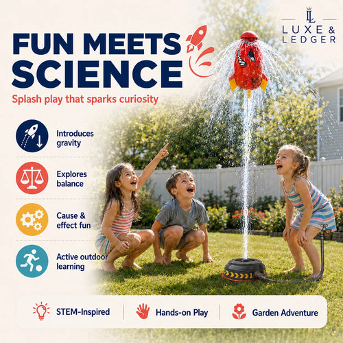 Children playing with a toy sprinkler in a garden, featuring Luxe & Ledger branding.