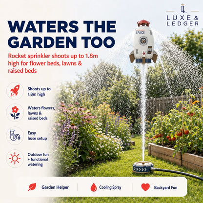 Rocket-shaped garden sprinkler in a garden with text highlighting its features.