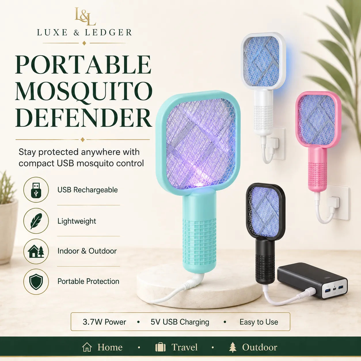 Portable mosquito defender with USB charging cable on a white background, featuring Luxe & Ledger branding.