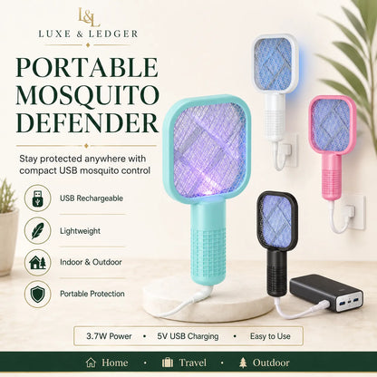 Portable mosquito defender with USB charging cable on a white background, featuring Luxe & Ledger branding.