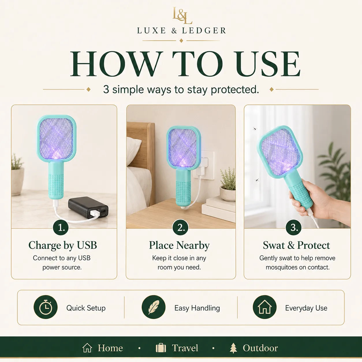 Instructions on how to use a mosquito racket with Luxe & Ledger branding.