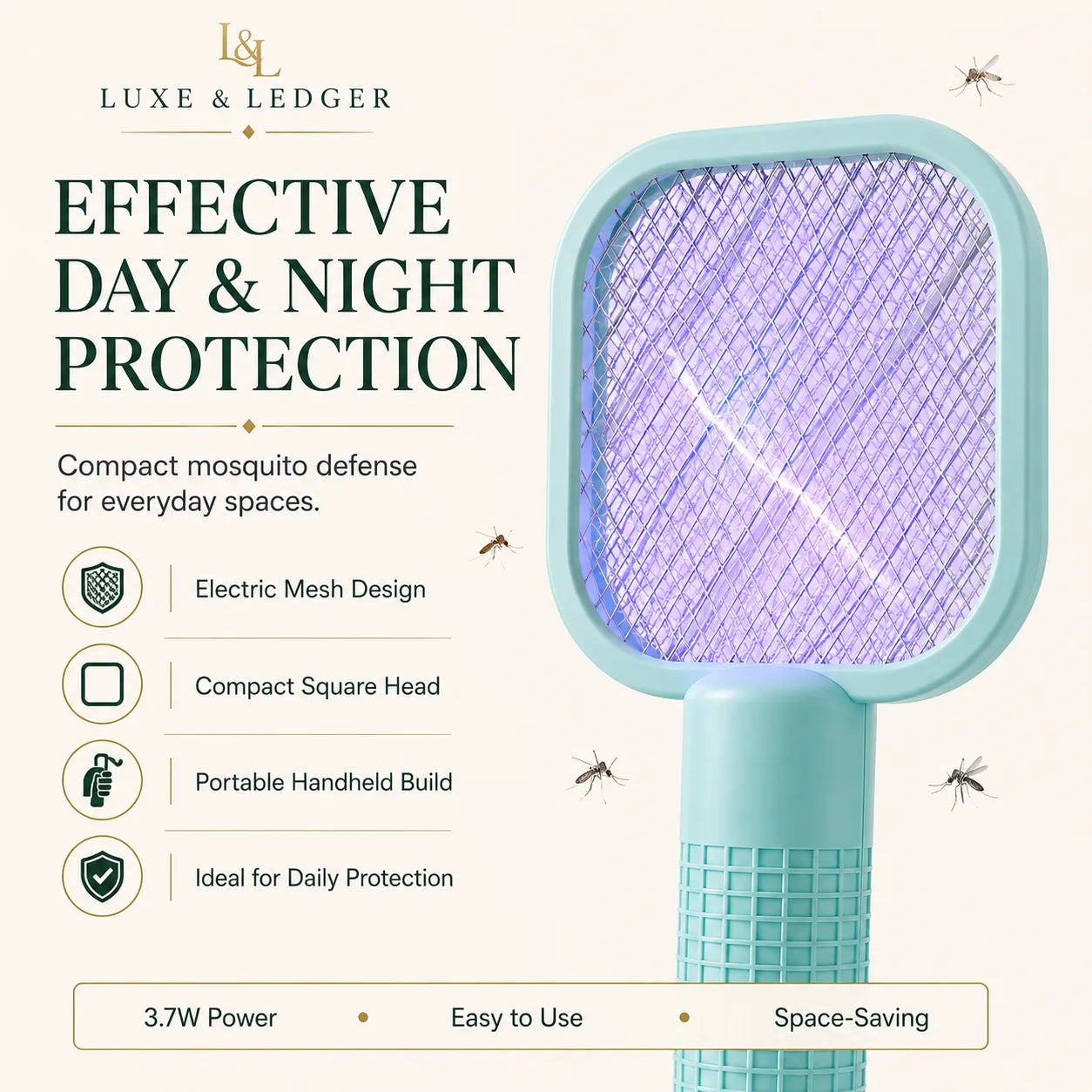 Mosquito racket with electric mesh design on a white background, featuring Luxe & Ledger branding.