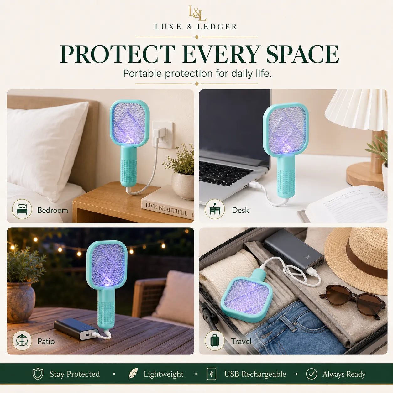 Portable light device with 'Luxe & Ledger' branding, shown in various settings.