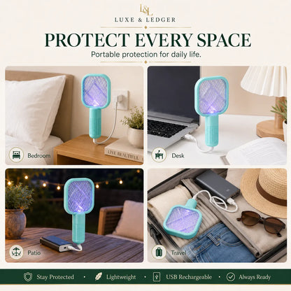 Portable light device with 'Luxe & Ledger' branding, shown in various settings.