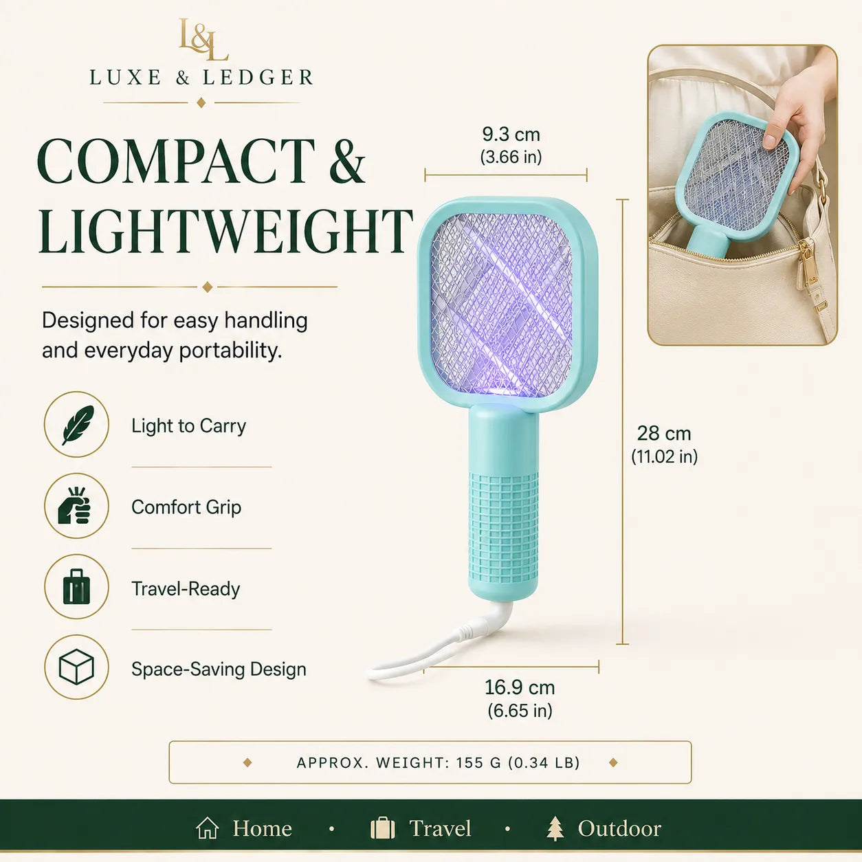 Teal bug zapper with dimensions and features on a white background