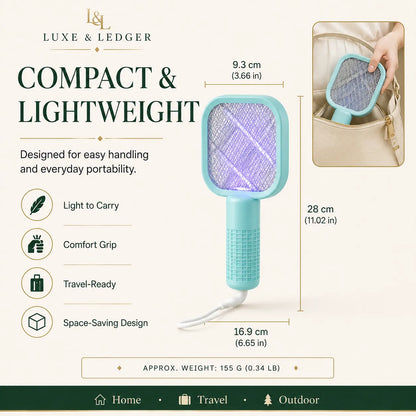 Teal bug zapper with dimensions and features on a white background