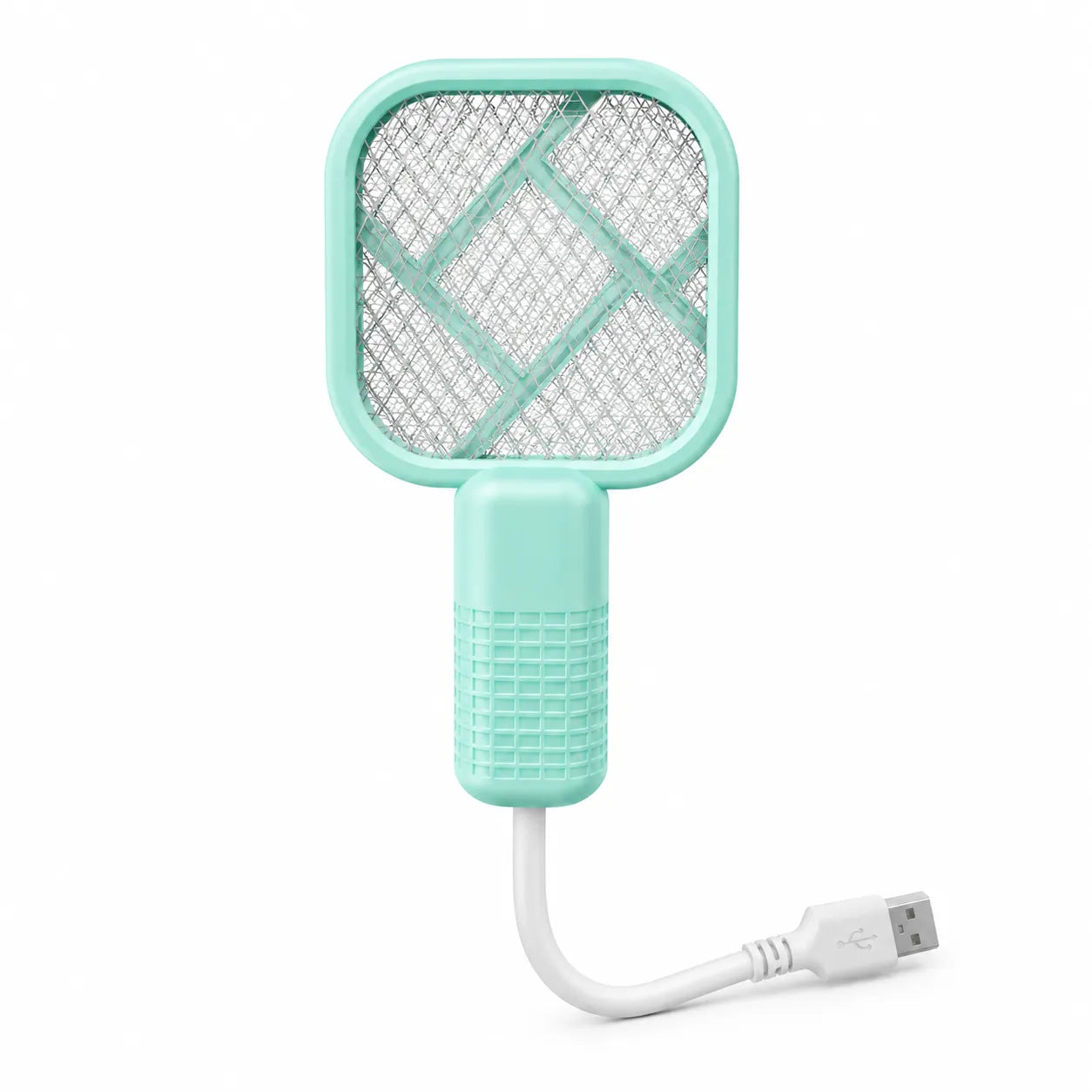 Mint green fly swatter with USB cable on a white background