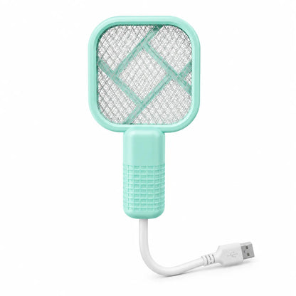 Mint green fly swatter with USB cable on a white background