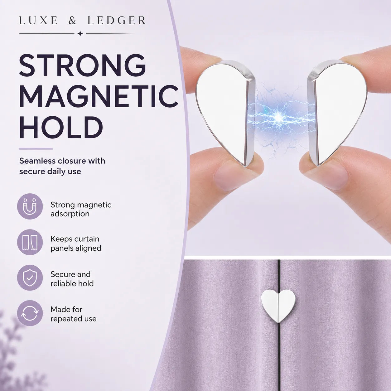 Heart-shaped magnetic curtain holders with text highlighting features on a light purple background