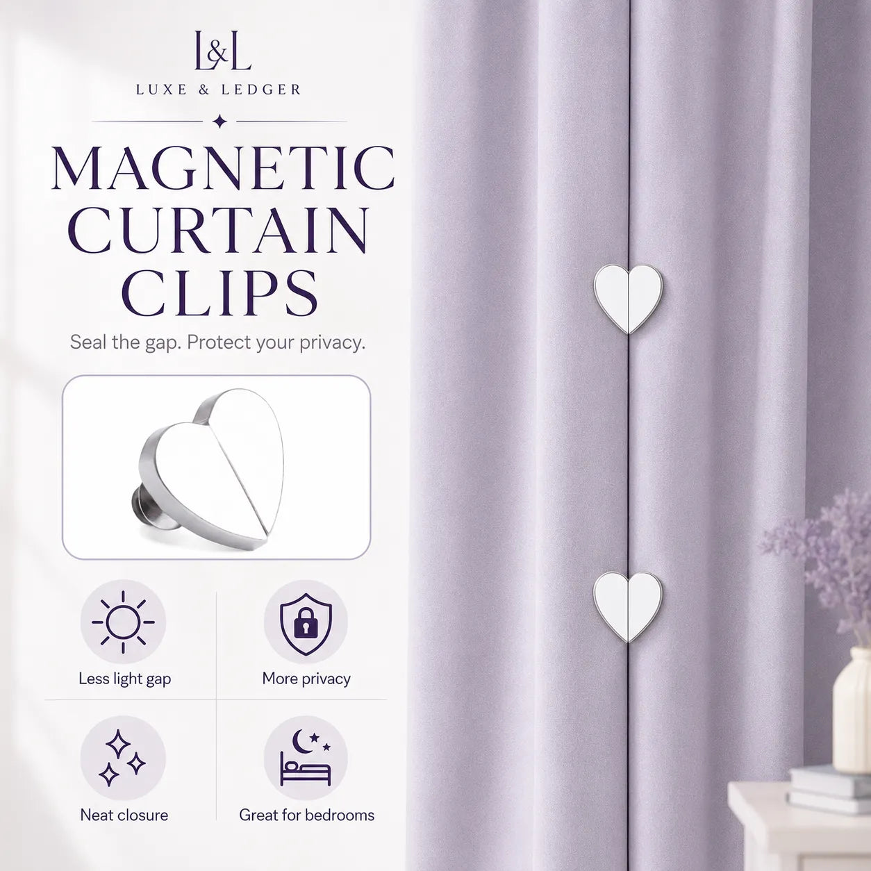 Magnetic curtain clips with a white curtain and 'Luxe & Ledger' branding.