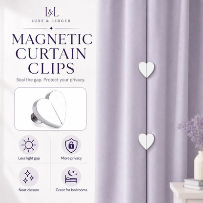 Magnetic curtain clips with a white curtain and 'Luxe & Ledger' branding.