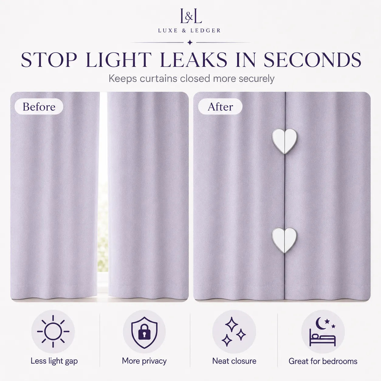 Product showing before and after effects of using a curtain tieback system with Luxe & Ledger branding.