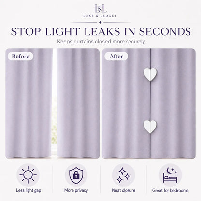 Product showing before and after effects of using a curtain tieback system with Luxe & Ledger branding.