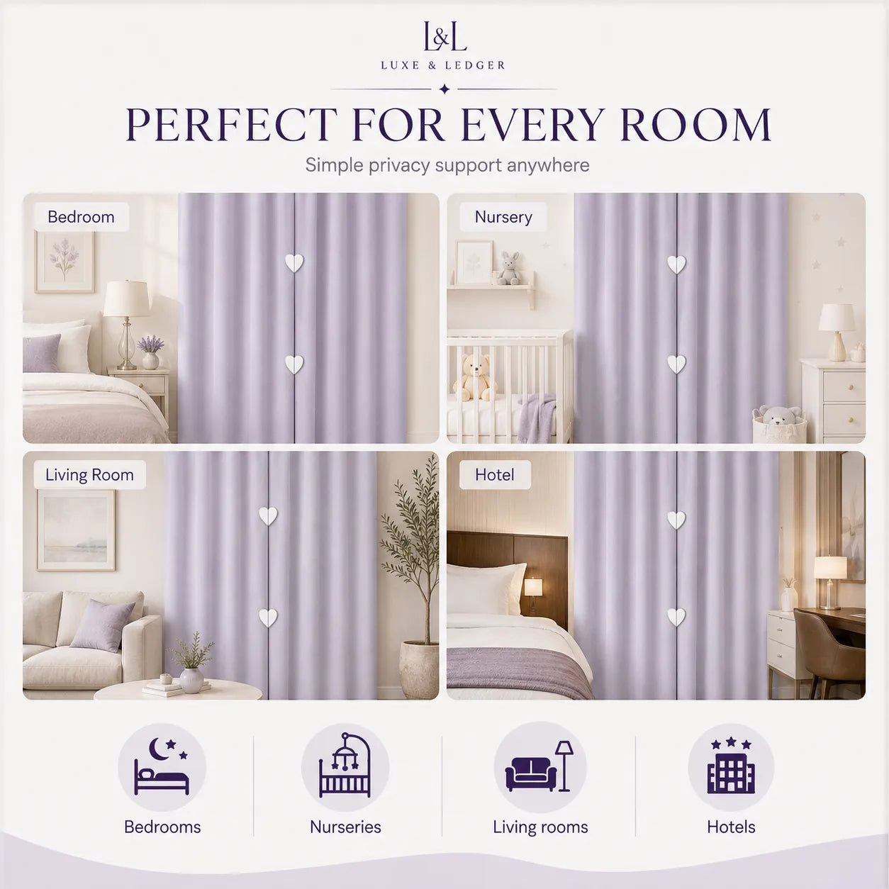 Advertisement for Luxe & Ledger curtains showing their use in various rooms.