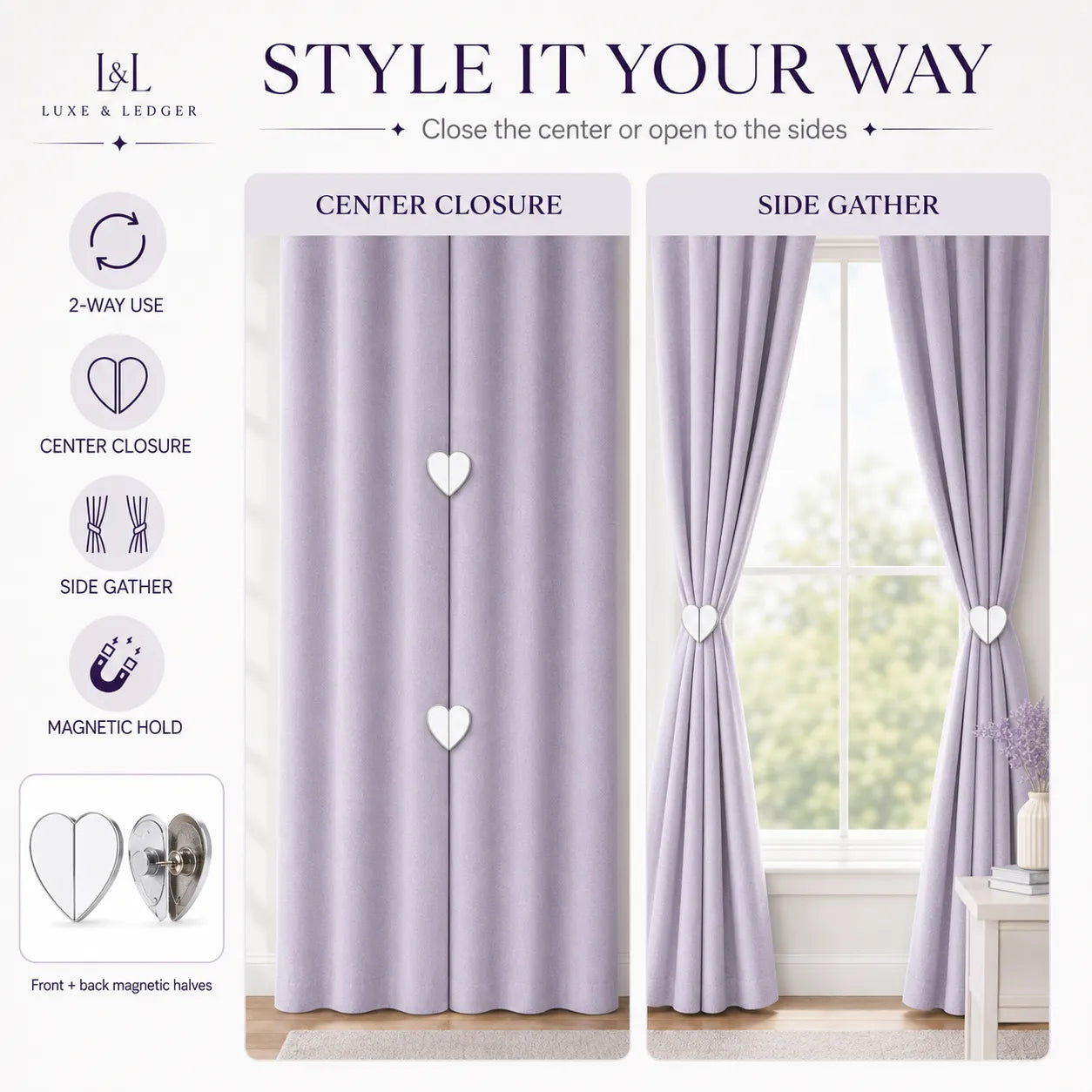 Purple curtains with heart-shaped magnetic holders on a white background, featuring Luxe & Ledger branding.