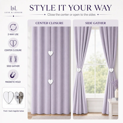 Purple curtains with heart-shaped magnetic holders on a white background, featuring Luxe & Ledger branding.