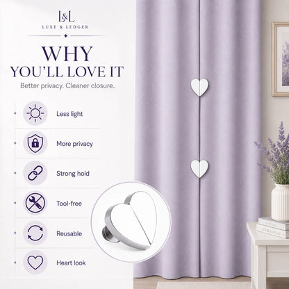 Purple curtain with heart-shaped hooks and Luxe & Ledger branding, featuring product benefits.