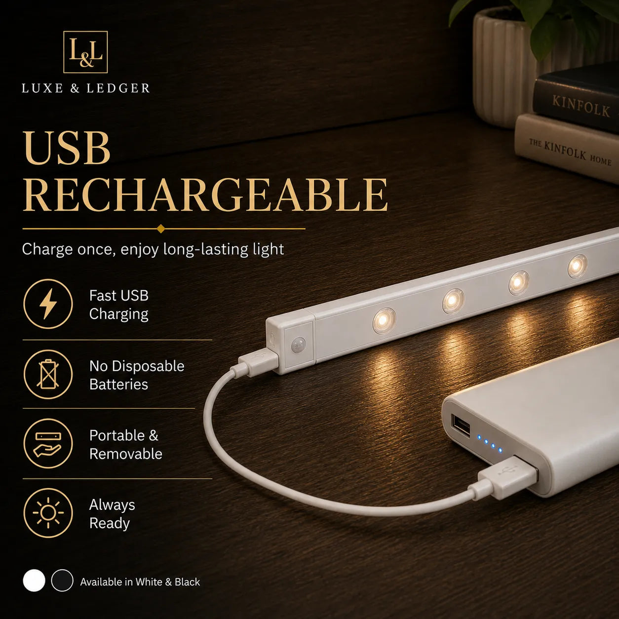 USB rechargeable light strip with power bank on a wooden surface, featuring Luxe & Ledger branding.