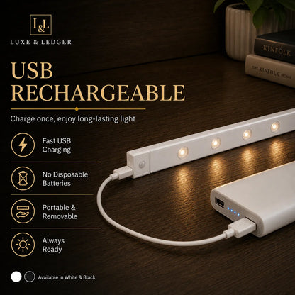USB rechargeable light strip with power bank on a wooden surface, featuring Luxe & Ledger branding.