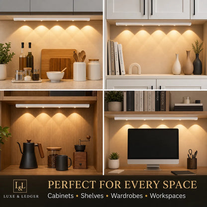 Collage of a modern kitchen and office setup with cabinets, shelves, and workspaces.