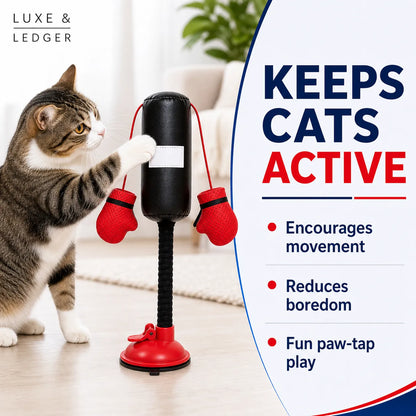 Cat playing with a punching bag toy in a home setting, with text highlighting benefits.
