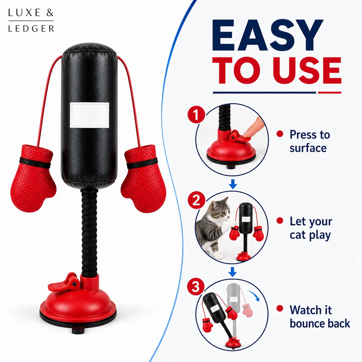 Cat toy with red gloves and black punching bag, featuring instructions on how to use it.