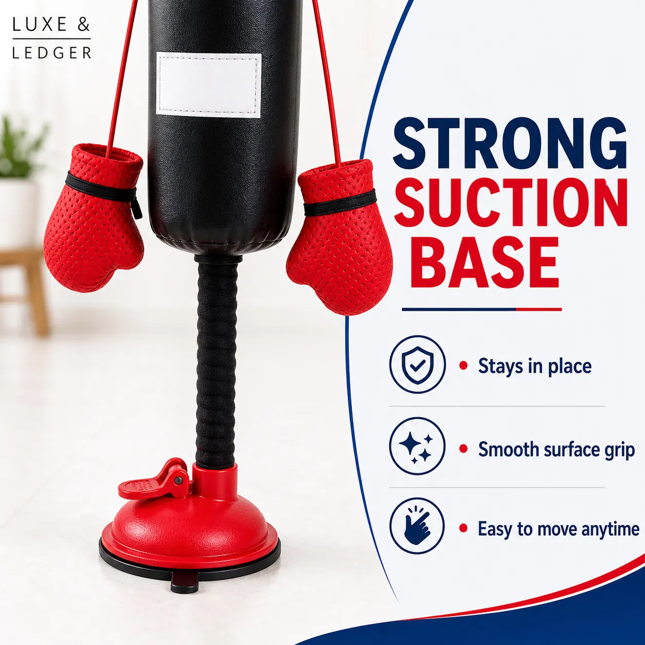 Children's punching bag with red gloves and a strong suction base on a white background.