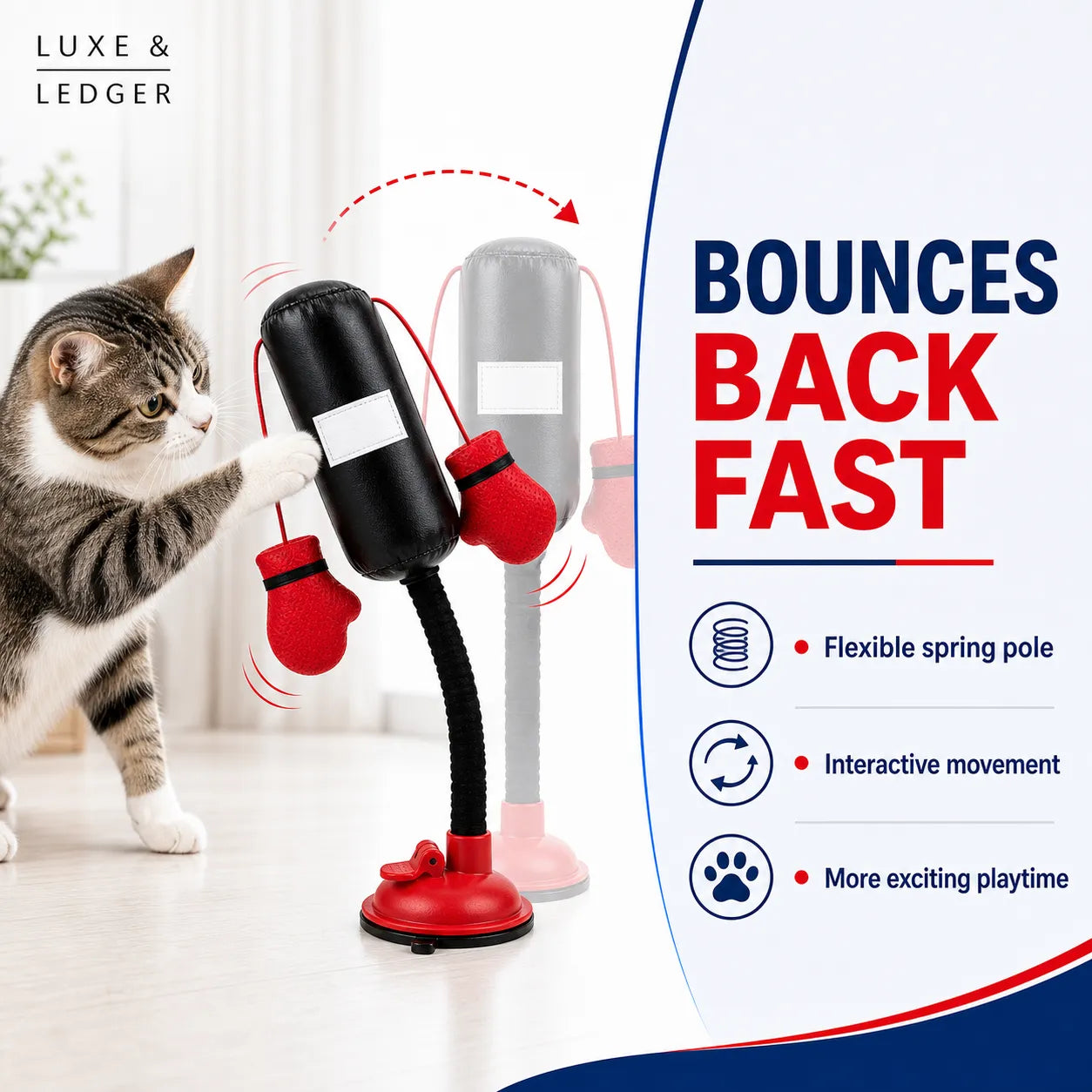Cat playing with a toy that bounces back fast, with text highlighting features like flexible spring pole and interactive movement.