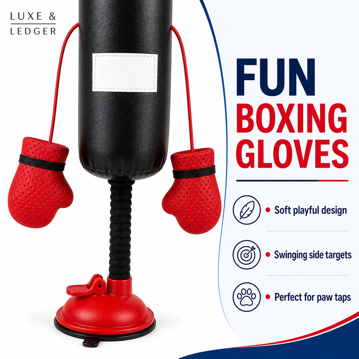 Black and red boxing glove training device with text on a white background