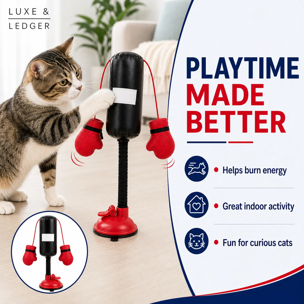 Cat playing with a punching bag toy, with text about its benefits on a white background.
