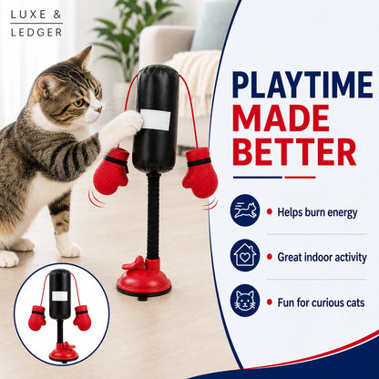 Cat playing with a punching bag toy, with text about its benefits on a white background.