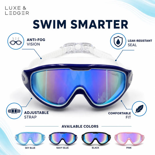 Swimming goggles with features highlighted on a white background, featuring the brand 'Luxe & Ledger'.