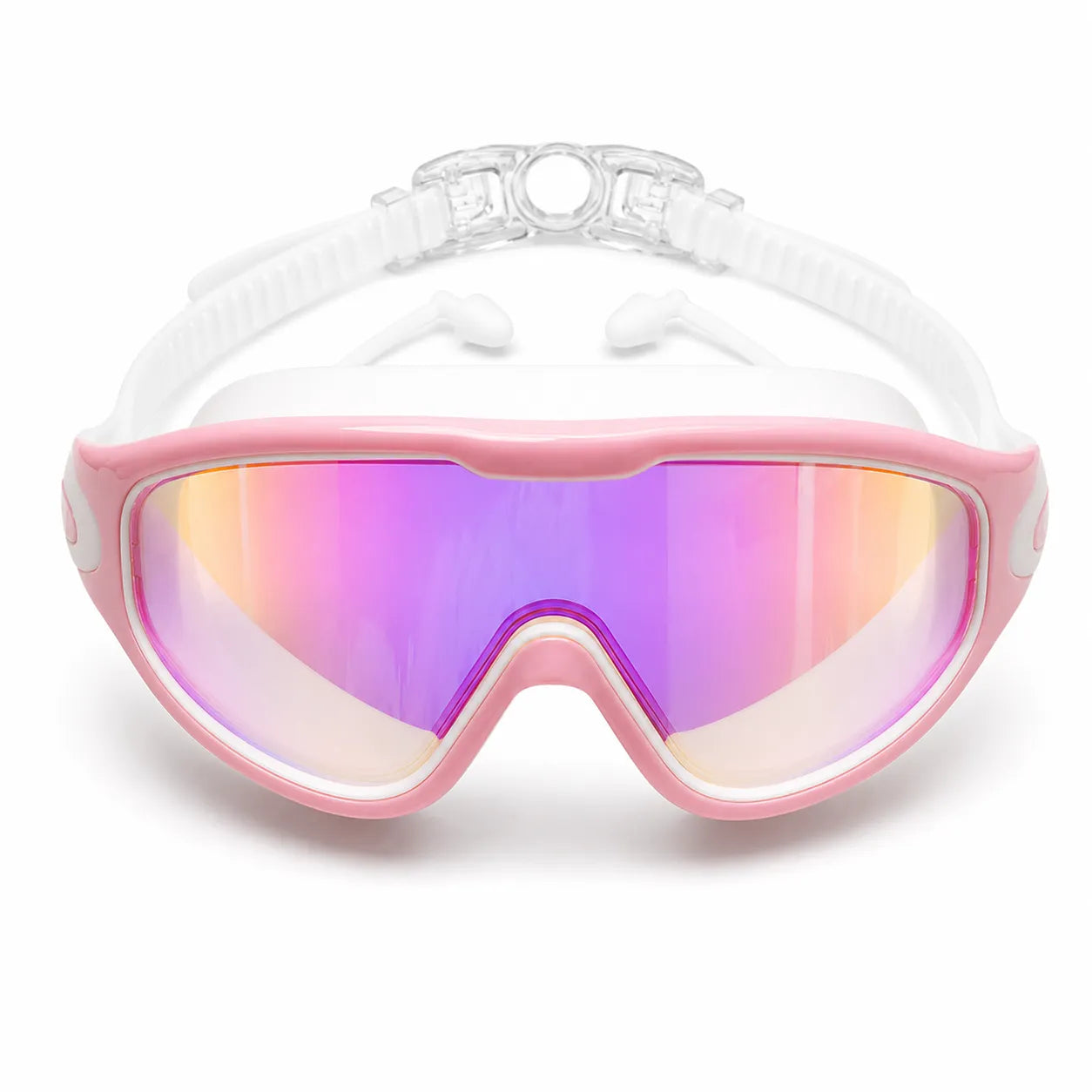 Pink and white goggles with a reflective lens on a white background