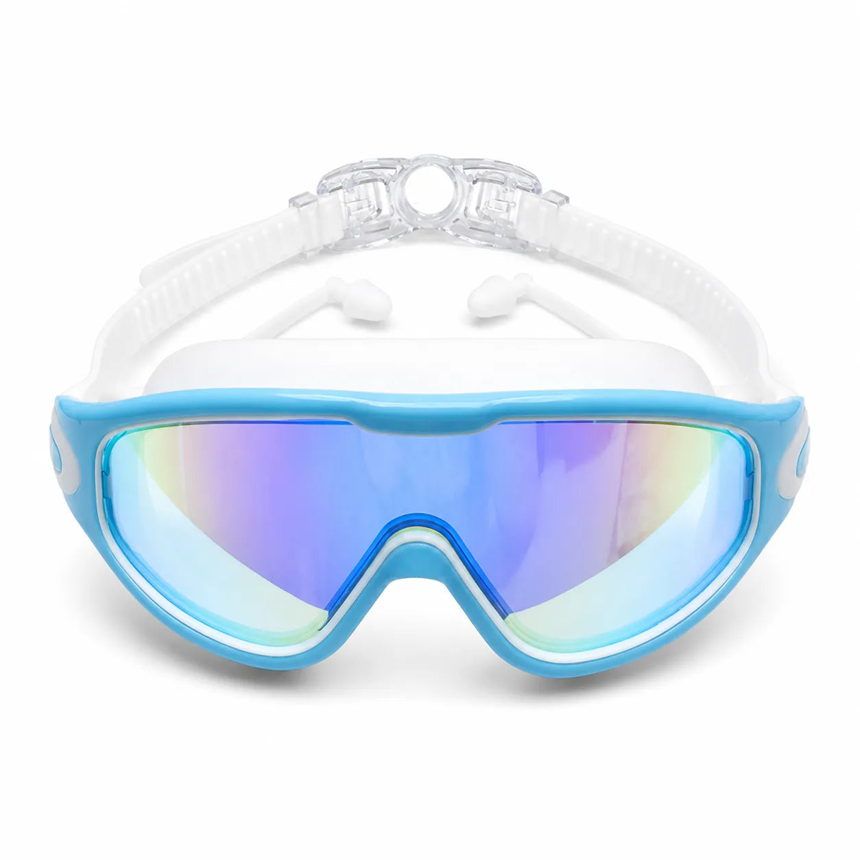 Blue and white goggles with a colorful lens on a white background