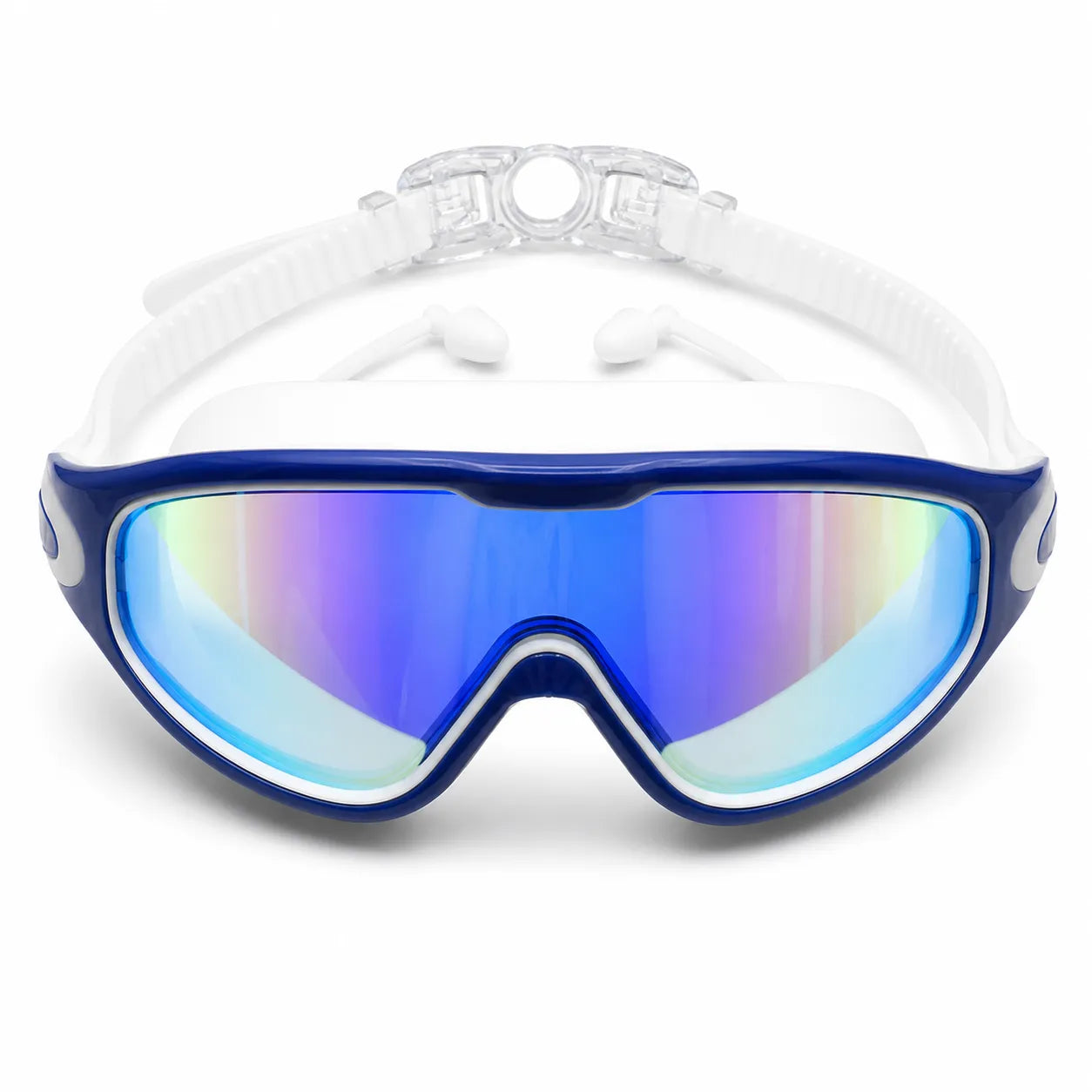 Blue and white swim goggles on a white background