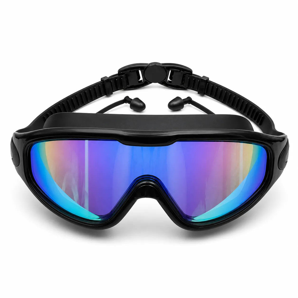 Black goggles with blue-tinted lenses on a white background