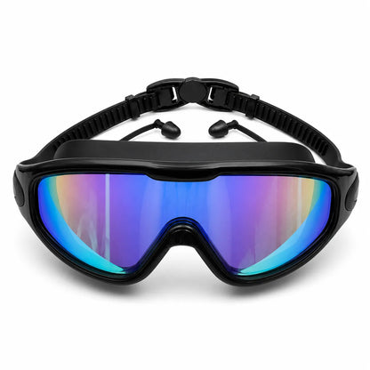 Black goggles with blue-tinted lenses on a white background