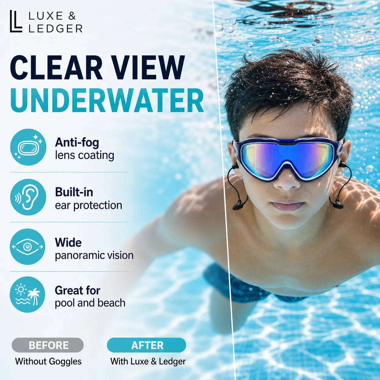 Person wearing Luxe & Ledger swimming goggles underwater with product features listed.