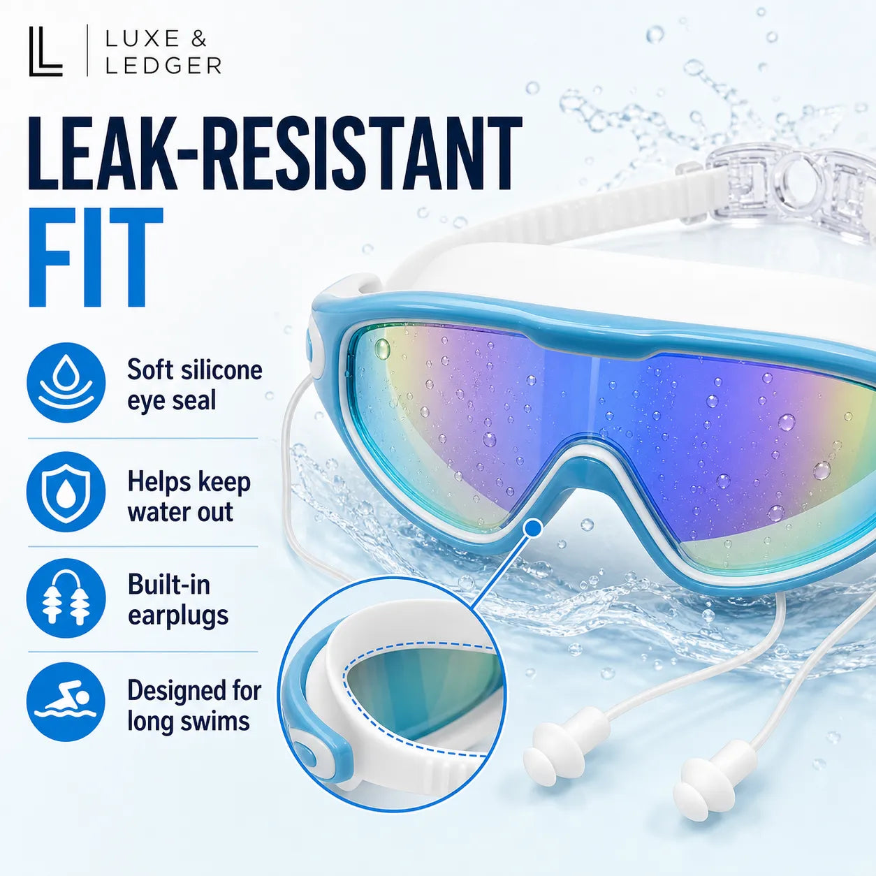 Leak-resistant swim mask with features highlighted on a water-themed background
