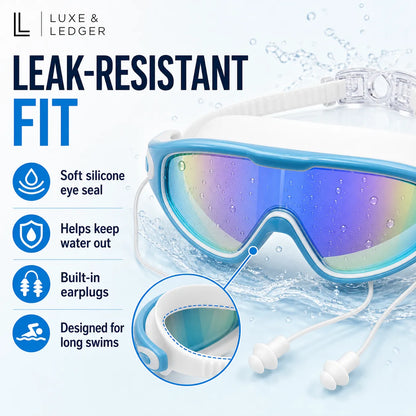 Leak-resistant swim mask with features highlighted on a water-themed background