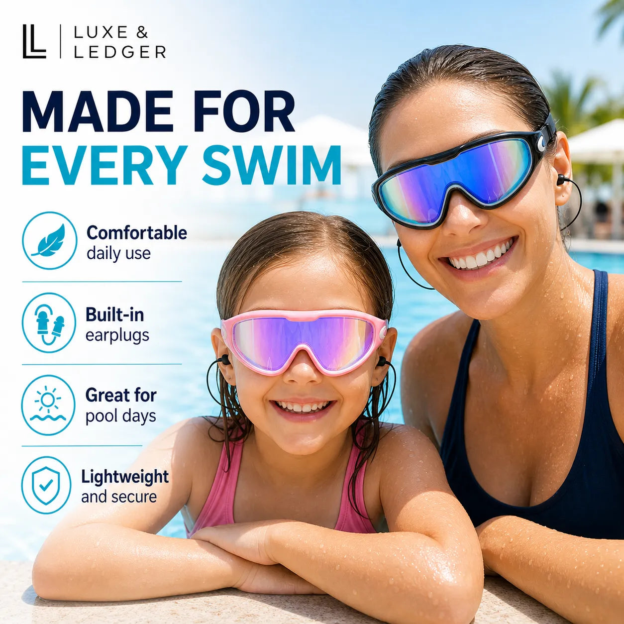 Two people wearing swim goggles with product features listed, set against a poolside background.