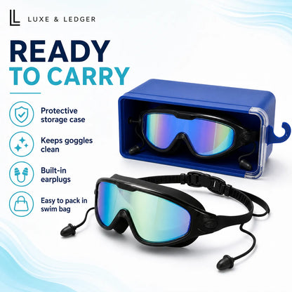 Swimming goggles with protective storage case, earplugs, and blue background