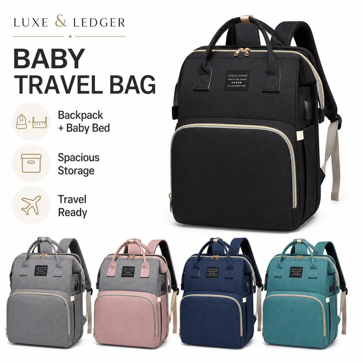 Black baby travel bag with additional bags in gray, pink, blue, and teal on a white background.
