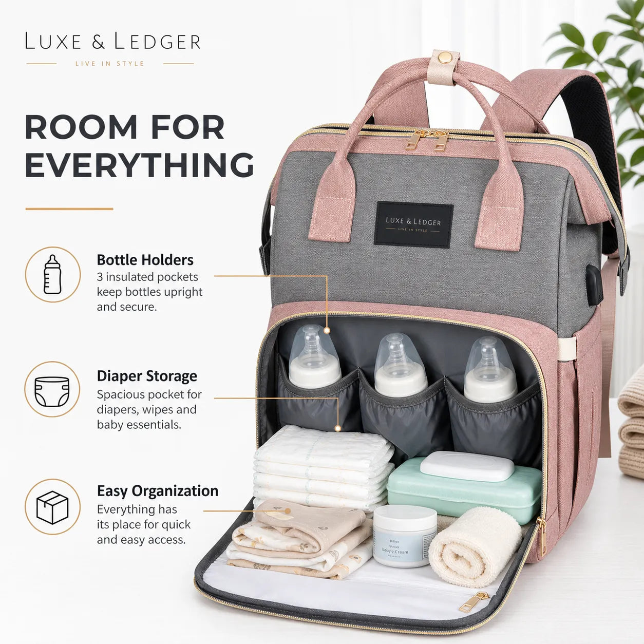 Diaper bag with bottle holders and storage compartments on a white background, featuring Luxe & Ledger branding.