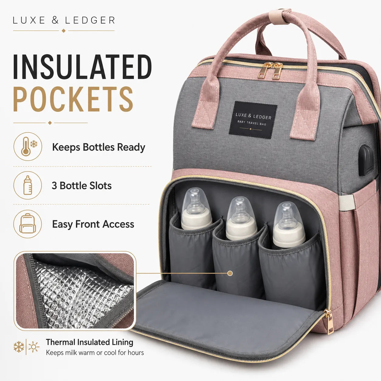 Gray and pink insulated diaper bag with bottle storage compartments, featuring Luxe & Ledger branding.