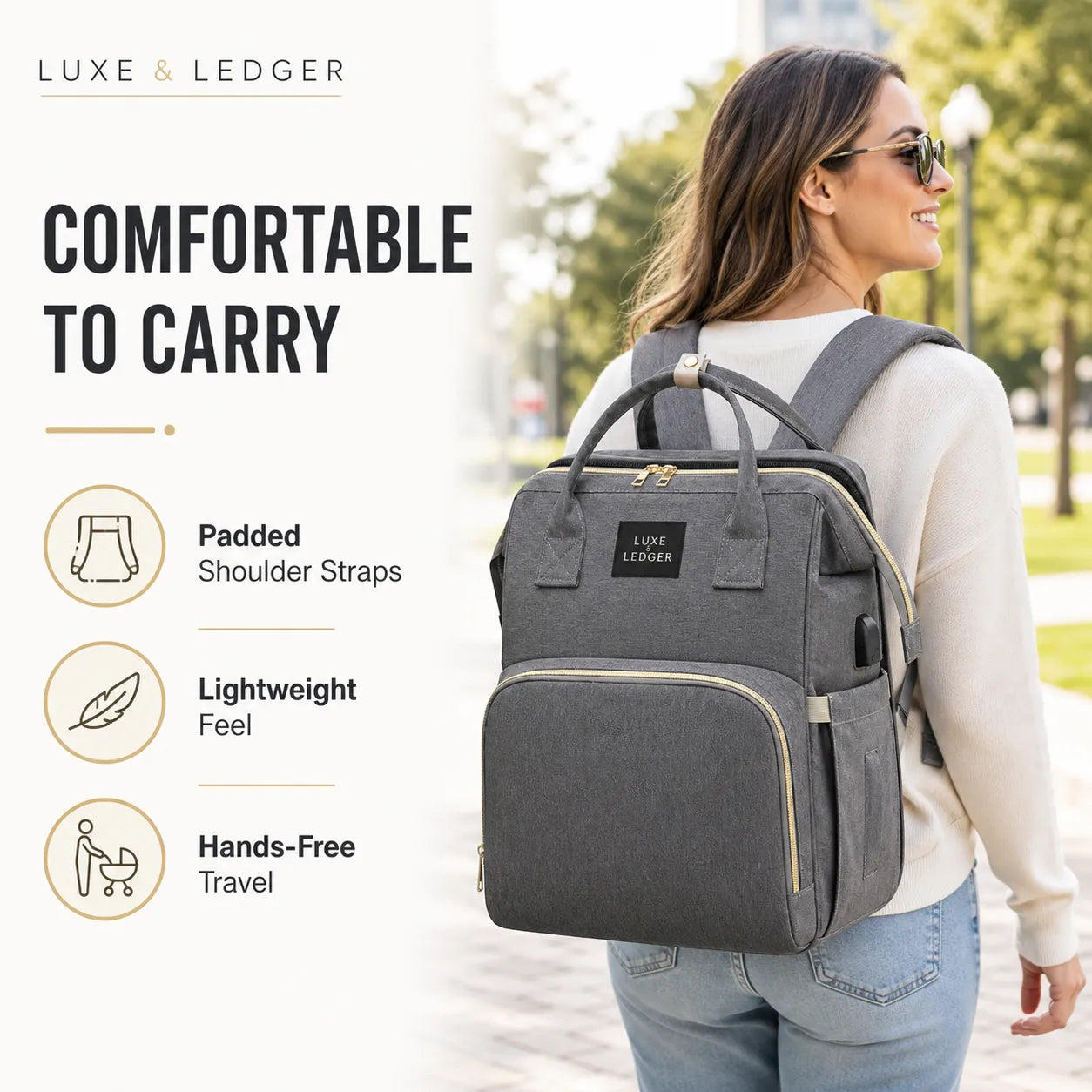 Woman wearing a gray backpack with 'Luxe & Ledger' branding, outdoors.
