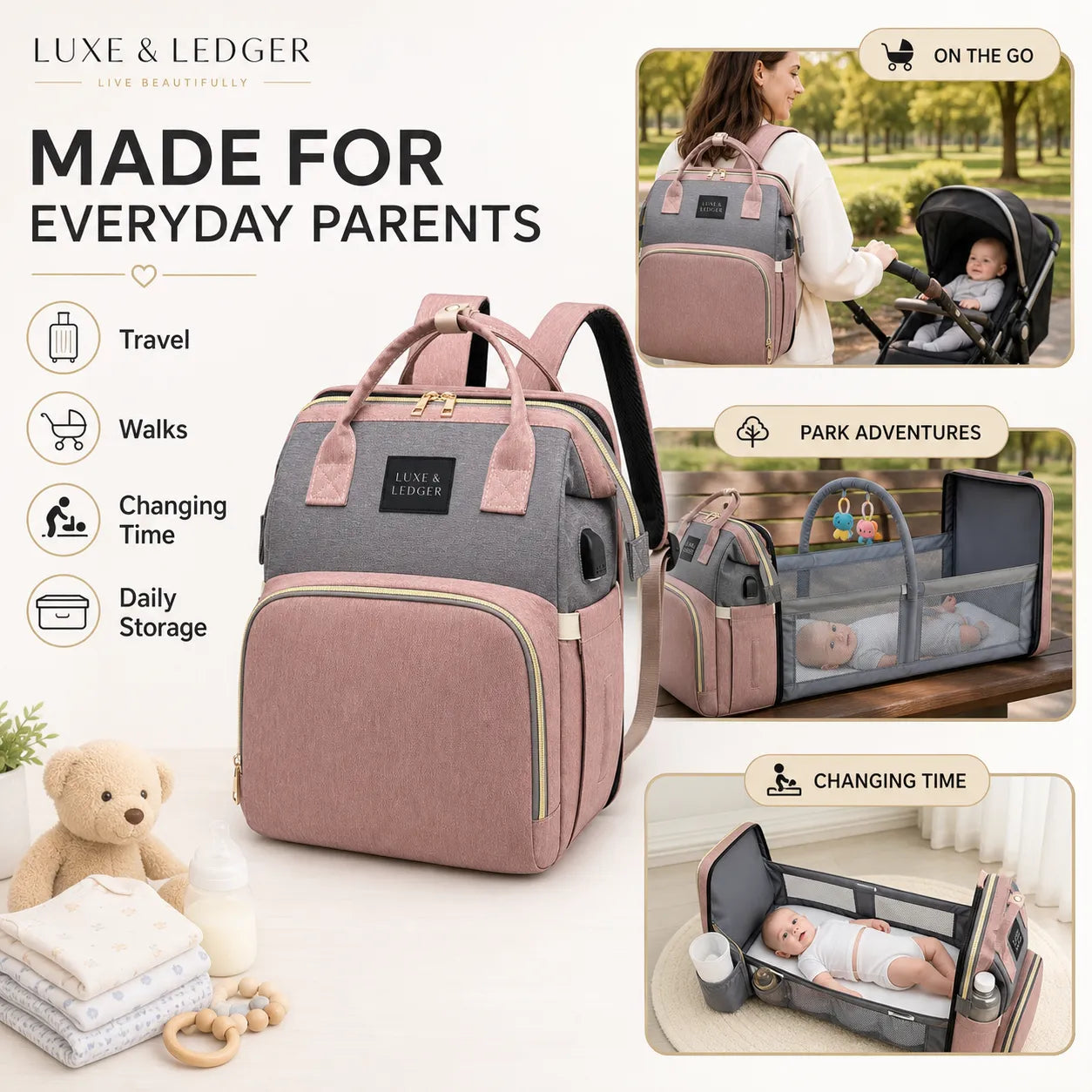 Luxe & Ledger diaper bag with multiple uses including travel, walks, changing time, and daily storage.