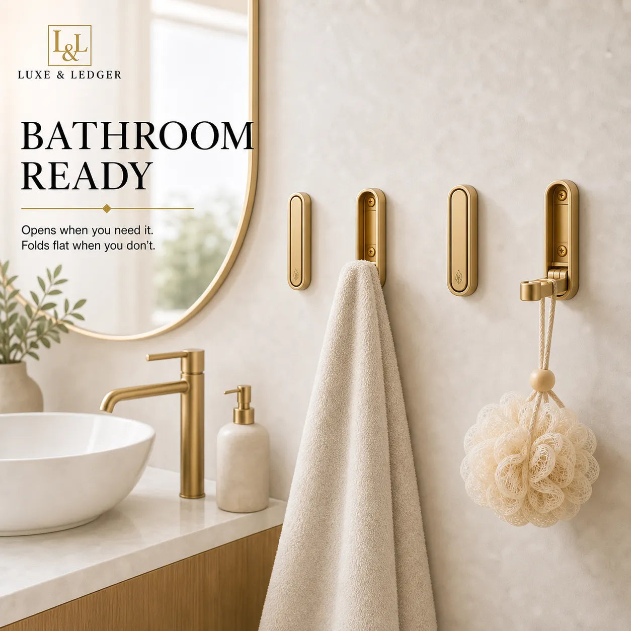 Bathroom setting with gold hooks, towel, and soap dispenser on a light wall.
